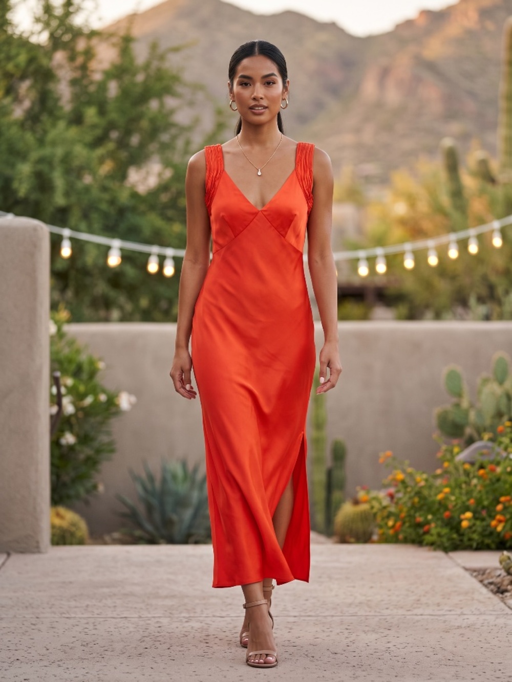 French Connection Red Ennis Satin Slip Maxi Dress | Ruched V Neck Side Slit - Picture 2 of 11